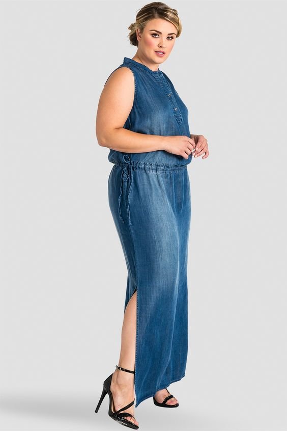 Plus Size Sleeveless Maxi Dress Sleeveless Plus Size Denim Dress, Long Denim Plus Size Dress, Women's Plus Size Denim Dresses - The light handsanding and split sides are small but pivotal details to making this piece truly effortless.