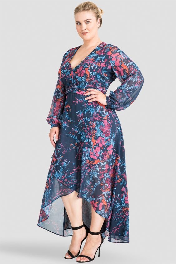 Plus Size Carter Blue Floral Print Asymmetrical High Low Dress -  This plus-sized, kimono style, high-low tulip-style dress is completely stunning. The lightweight chiffon cascades beautifully down into flowy, high-low cut to perfectly pair up with the gorgeous blue, orange, and pink floral print. This dress has long balloon sleeves and a v-neckline. Wear for brunch, holiday party, or as a wedding guest. 
