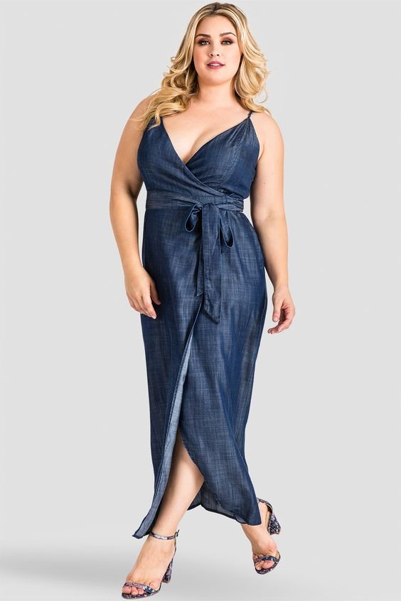 Plus Size Denim Spaghetti Strap Maxi Dress. Women's Plus Size Denim Dresses, Denim Wrap Dress Plus Size. Spaghetti strap maxi dress with a subtle split reaching just below the knee, a wrap bodice with tie waist, and v-neckline to keep the silhouette fresh and light. Very flattering for all body types.