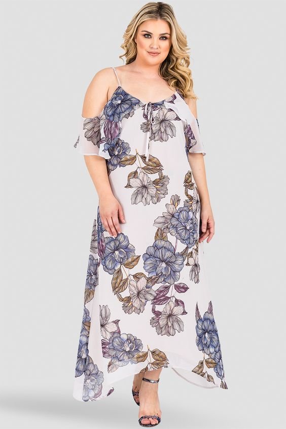Plus Size Matilda Cold Shoulder Ruffled Handkercheif Dress - Floral Print Chiffon -  Our gorgeous Matilda cold shoulder dress includes a v-neckline and cold shoulder ruffle. This asymmetrical spaghetti strap dress features a handkerchief hemline. Perfect to use for a wedding, for lunch, or a fun night out, this midi-dress is made from a flowy gray chiffon fabric featuring large floral print. 