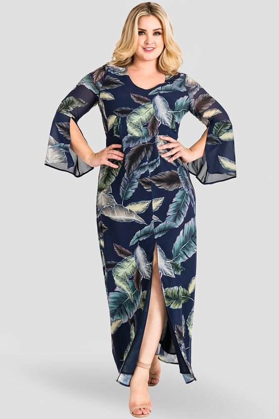 Plus Size Norah Split Bell Sleeve Maxi Dress - Tropical Leaf Print Chiffon -  This split flare sleeve maxi dress is crafted from chiffon in a clean tropical leaf print. The long, floor-length dress fits neatly through the bodice and has a front split to accentuate and flatter your body. An modern, refined look for day to night look. 