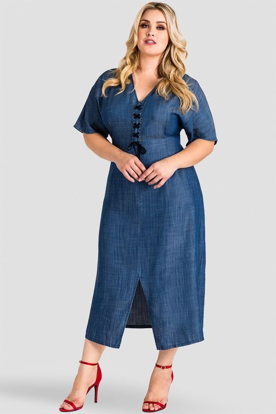 Plus Size Meme Lace-Up Tencel Denim Midi Dress, Short Sleeve Plus Size Denim Dresses, Short Sleeve Denim Maxi Dress. - This beautiful midi dress is made from a comfortable denim with short drop short sleeves bookend a lace-up v-neckline.