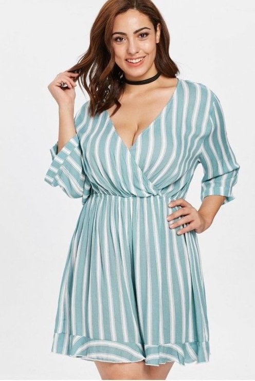 Plus Size Striped Romper - Cyan Opaque - Super cute striped romper with long sleeves. Love the color of this romper.