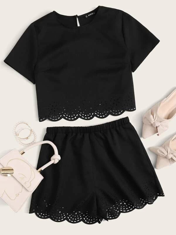 Black Scallop Edge Laser Cut Short Sleeve Crop Top With Matching Back Shorts Women's Set. Love this two piece black Outfit.