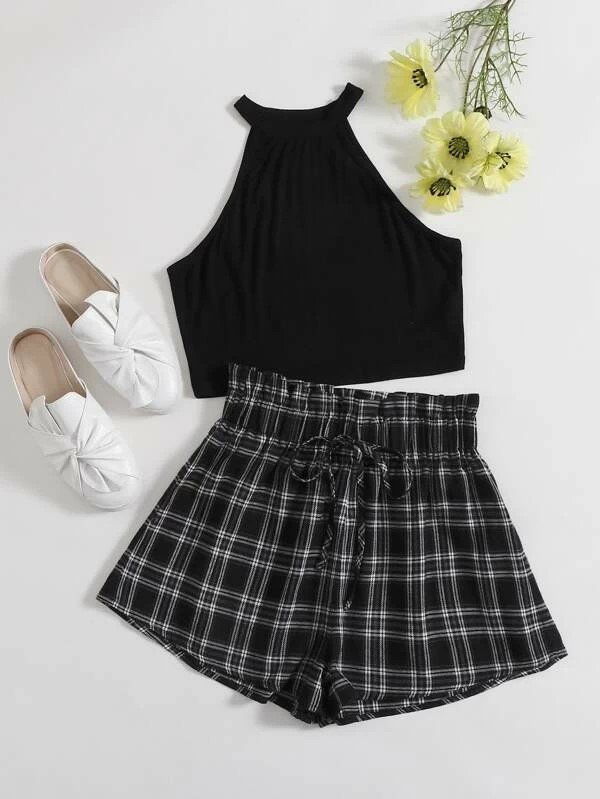 Cute Black Halter Top With Black Plaid Shorts Two Piece Set. Cute black halter top with Tie Front, Paper Bag Waist Black Shorts for Women
