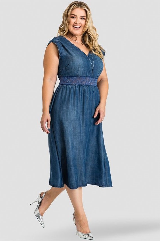 Plus Size Blue Denim A-Line Midi Dress With Cap Sleeves. Denim A-Line Cap Sleeve Over The Knee Plus Size Dress Women's Plus Size 1X, 2X, 3X