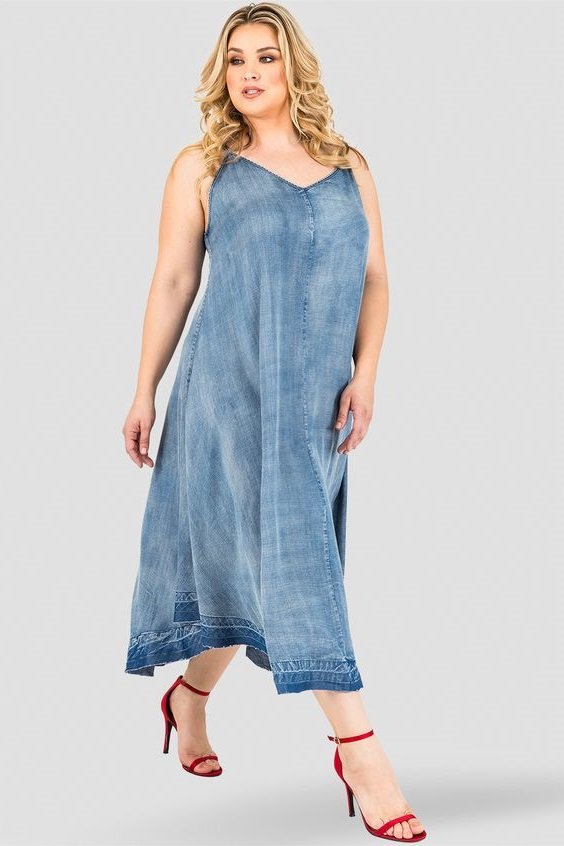 Plus Size Denim Raw Hem Sleeveless Tank Dress. Denim Sleeveless Long Midi Dress With Spaghetti Straps and Apron Hem Plus Size 1X, 2X, 3X
