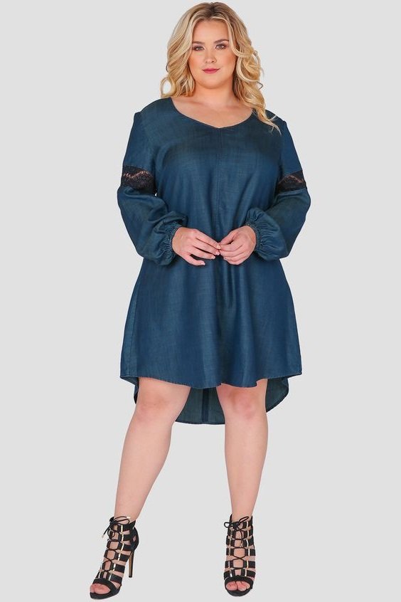 Plus Size Denim V-Neck Long-Sleeve High Low Mini Dress. Darling Plus Size Billow Sleeve Short High Low Denim Dress in Plus Sizes 1X, 2X, 3X