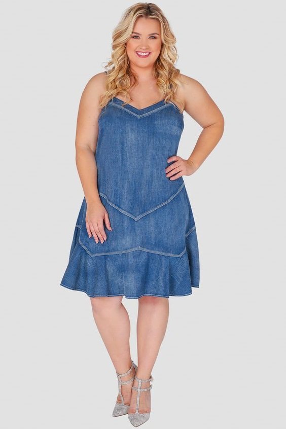 Plus Size Ruffle Hem Short Denim Sleeveless Summer Dress With Spaghetti Straps. Indigo Denim Sleeveless Short Plus Size Summer Mini Dress. Plus Size Denim Dress In Sizes 1X, 2X, 3X