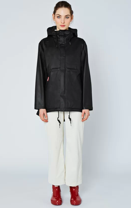Women's Black Hunter Waterproof Vinyl Smock Rain Jacket. Women's Hooded Black Vinyl Rain Jacket. Fashioned in a stylish Black waterproof vinyl, this navy rain jacket with Hood for women.