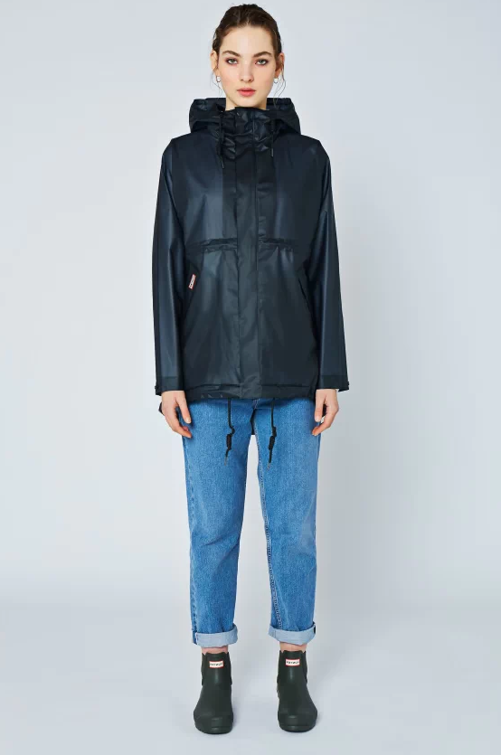 Women's Navy Blue Hunter Waterproof Vinyl Smock Rain Jacket. Women's Hooded Navy Blue Vinyl Rain Jacket. Fashioned in a stylish navy waterproof vinyl, this navy rain jacket with Hood for women.