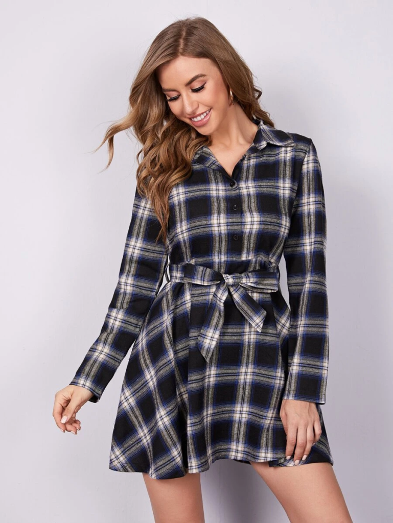 Black Gingham Self Tie Button Front Mini Shirt Dress. Women's Black Plaid Button Front Long Sleeve Short Summer Shirt Dress