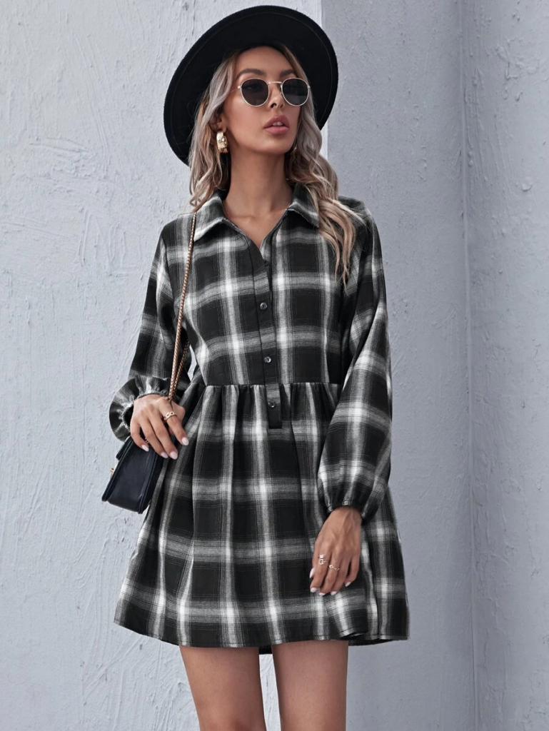Long Sleeve Black and White Gingham Button Front Plaid Smock Mini Dress. Cute Black Gingham Long Sleeve Button Front Short Summer Mini Dress Women's.