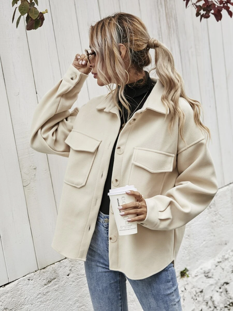 Flap Pocket High Low Hem Jacket Women's. Women's Button Front Flap Pocket Jacket. Wool Blend Button Front Oversized Women's Jacket. Get Her Look Black Ribbed Turtleneck Long Sleeve Top